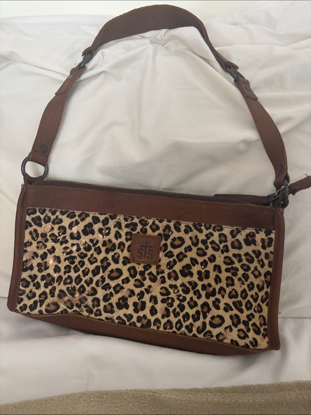 Real leather STS Ranchwear Brown Leather Shoulder Bag with Leopard Panel